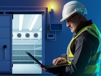 Worker in vest and hardhat looking at computer